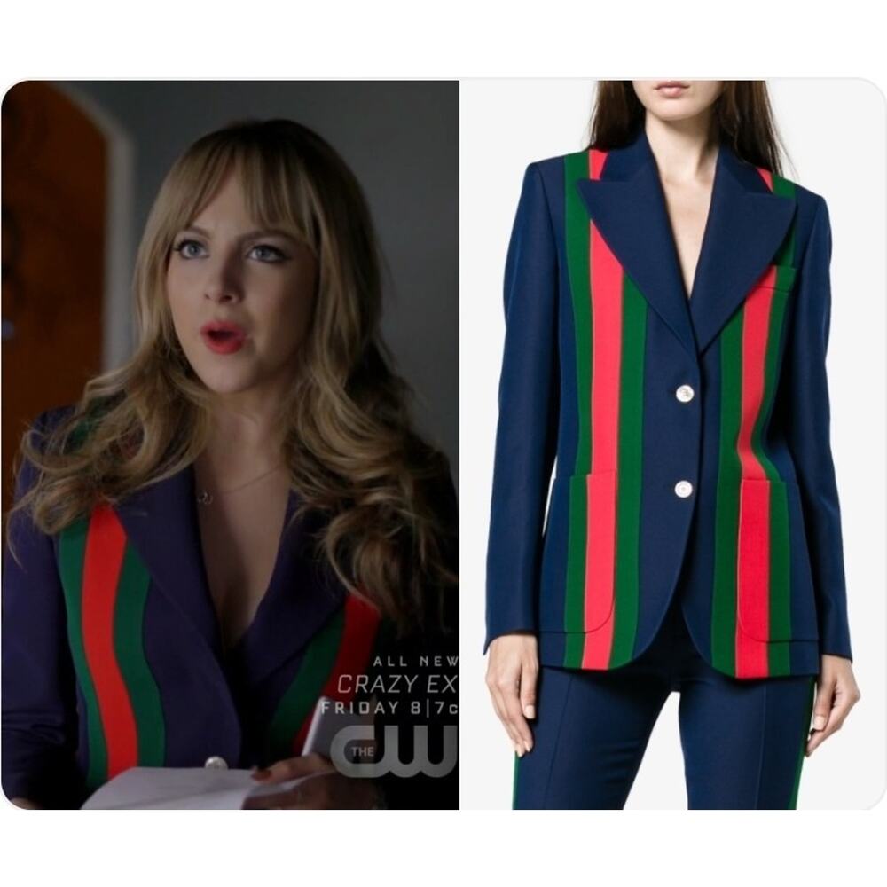 Gucci Striped Wool Silk-Blend Crepe Blazer Blue Web Stripe Bee Lining Moth IT 42